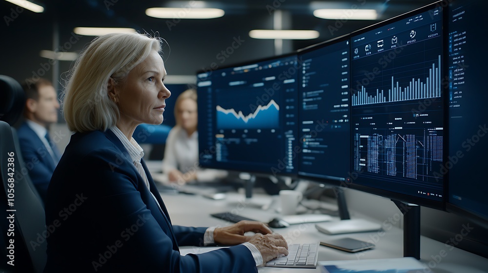 Businesswoman analyzing financial data on multiple monitors in modern office environment for strategic decision making Businesswoman analyzing financial data on multiple monitors in modern office environment for strategic decision making
