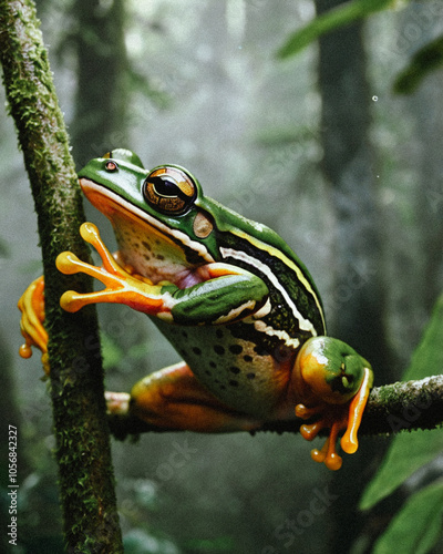 Wallace’s flying frog soars between trees in Borneo's lush rainforest, its vivid green skin and webbed feet spread wide, embodying the incredible adaptations of Indonesia’s wildlife. photo