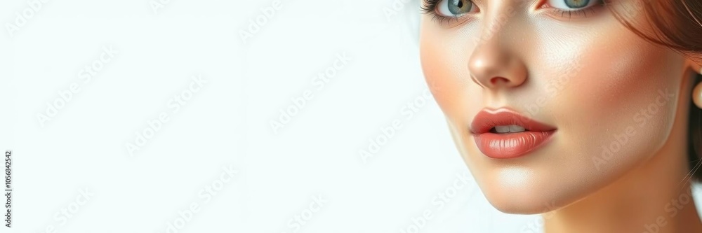 Close up of a beautiful woman's flawless face with perfect lips and skin on a beige background, copy space, natural Close up of a beautiful woman's flawless face with perfect lips and skin on a beige background, copy space, natural