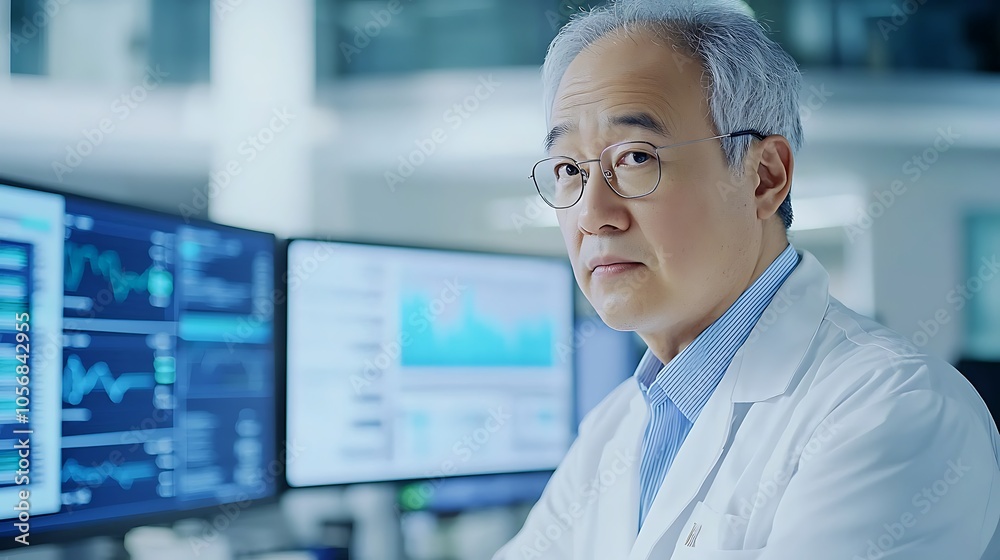 A focused scientist analyzing data in a modern laboratory setting with advanced technology and research tools A focused scientist analyzing data in a modern laboratory setting with advanced technology and research tools