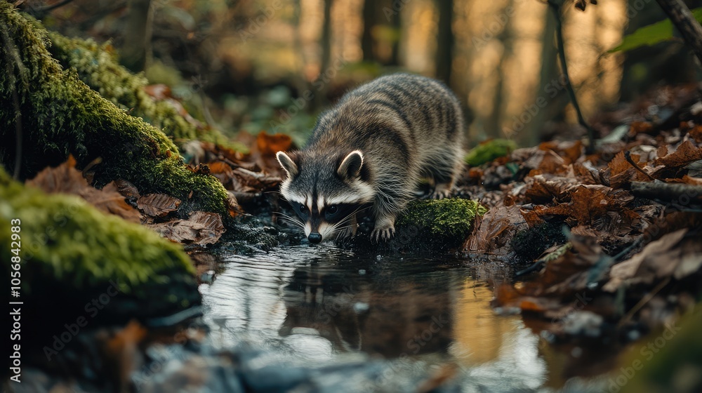 Raccoon Gently Drinking from a Small Stream