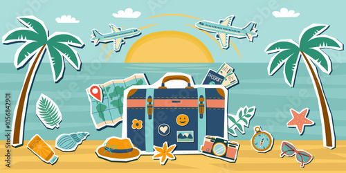 Travel collage. Travel and vacation concept banner. Summer beach with suitcase and travel objects. Stickers style. 
