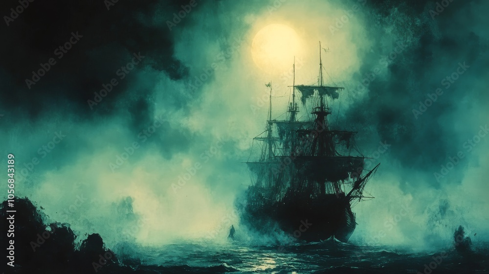 A Silhouette of a Ship Sailing Through a Foggy Night with a Full Moon A Silhouette of a Ship Sailing Through a Foggy Night with a Full Moon