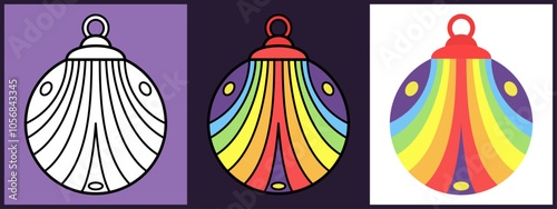 Christmas Ornament Balls with Rainbow highway to heaven, Outline Coloring Flat style. Vector illustration.