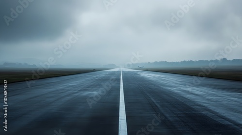 Runway With Airplane in the Distance on a Foggy Day