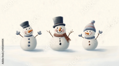 cartoon illustration of three cute snowmen arranged distantly in line. one snowman with a top hat and scarf, another with earmuffs and a carrot nose, and the last with a wooly beanie and mittens