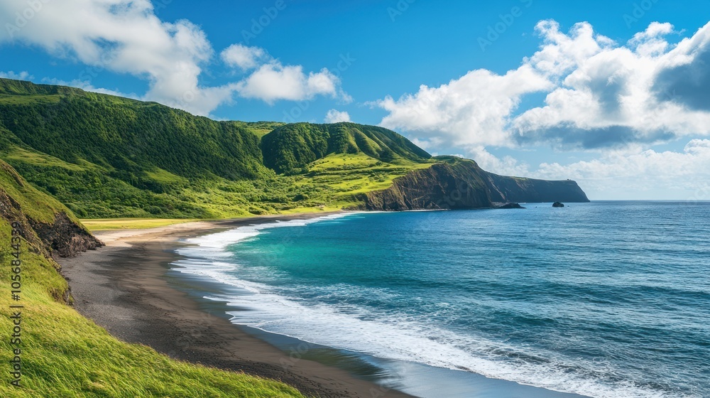 Obraz premium Scenic Coastline with Lush Green Hills and Black Sand Beach