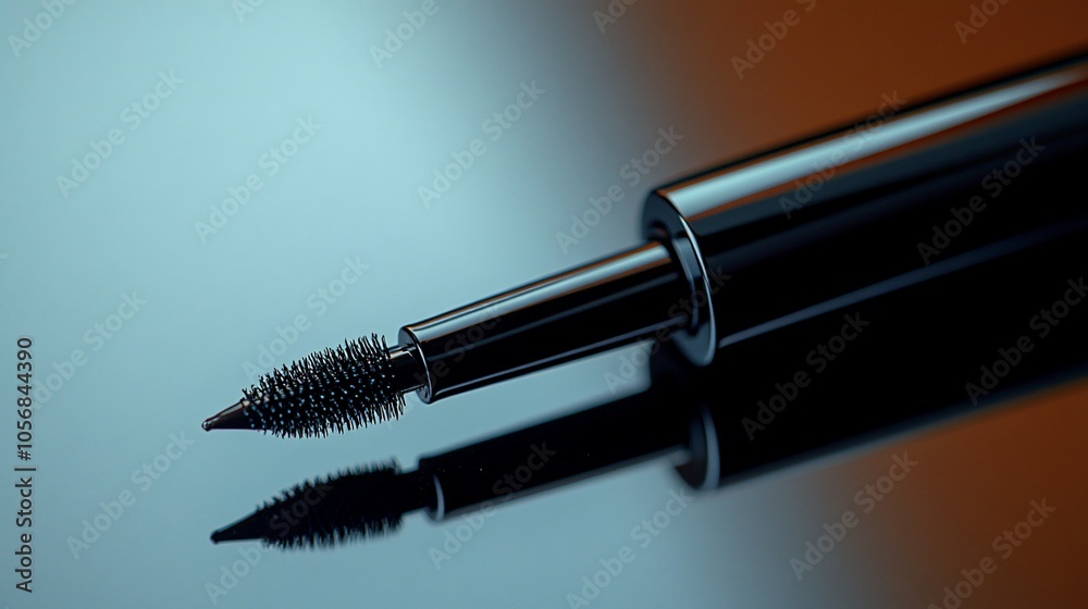 A black mascara wand with a brush applicator on a reflective surface. A black mascara wand with a brush applicator on a reflective surface.