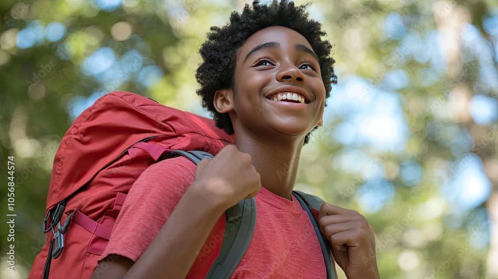 Teenager Adjusting Backpack Straps in Nature Teenager Adjusting Backpack Straps in Nature