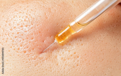 Close-up of a dropper dispensing liquid onto skin, isolated on white background.