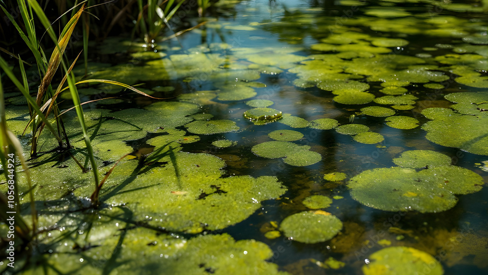 Tranquil pond with vibrant green lily pads Tranquil pond with vibrant green lily pads