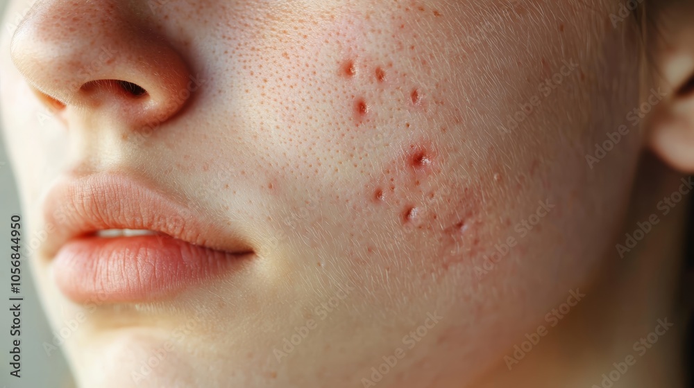 Close up of Acne Scars and Blemishes on Young Skin Close up of Acne Scars and Blemishes on Young Skin