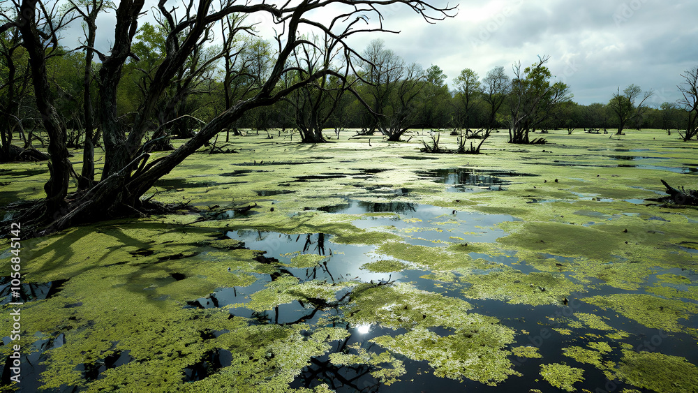 Naklejka premium Serene Wetland Landscape Under Overcast Sky
