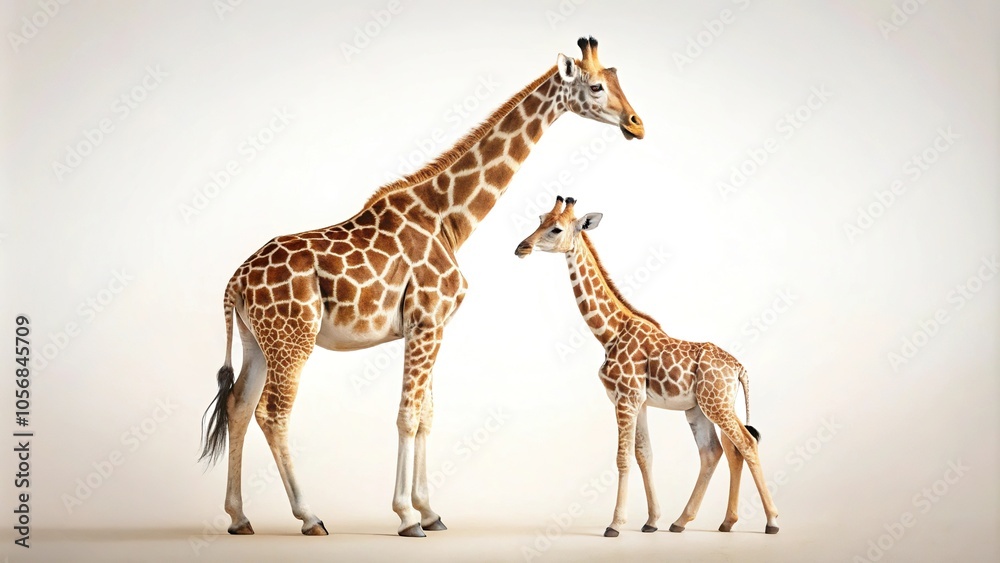 Obraz premium Close-up image of a giraffe with its calf on a white background, with shallow Depth of Field