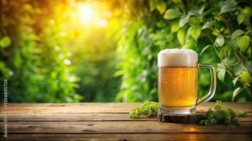 A frothy mug of beer floating on a wooden table surrounded by lush greenery, pub, ceramic, beer, glassware, outdoor A frothy mug of beer floating on a wooden table surrounded by lush greenery, pub, ceramic, beer, glassware, outdoor