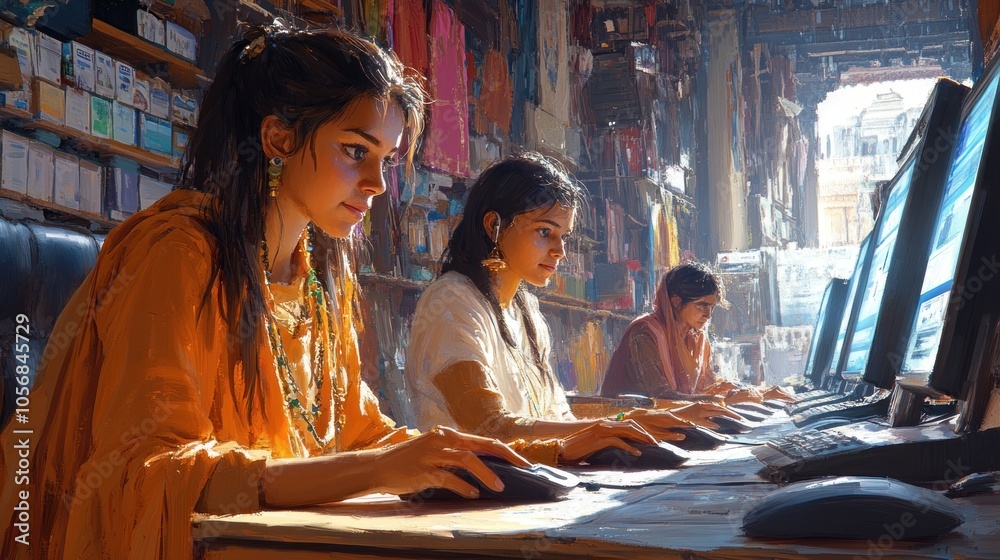 Young women working on computers in a vibrant shop setting. Young women working on computers in a vibrant shop setting.
