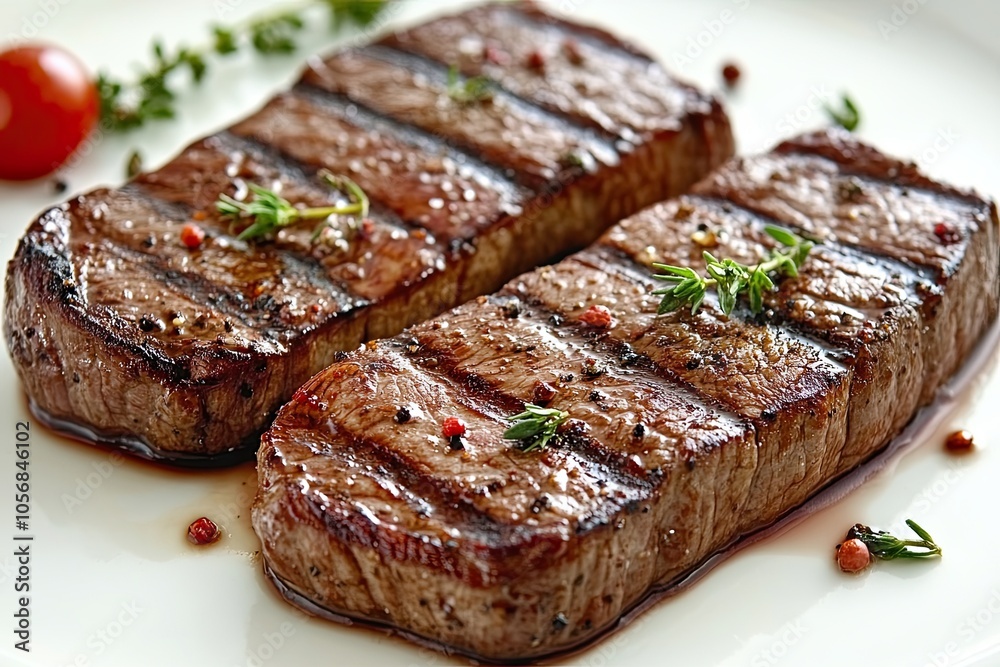 Grilled beef steak with red wine, herbs and spices. Top view. flat layout. Grilled beef steak with red wine, herbs and spices. Top view. flat layout.