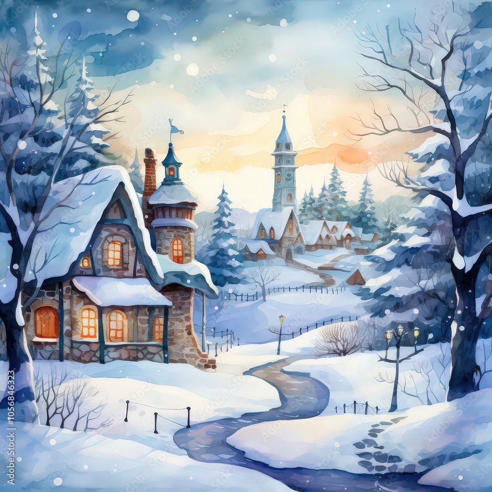 Watercolor drawing of a snowy winter landscape with a small cozy huts, surrounded by pine trees and a cover of fresh, untouched snow. Christmas winter card. Watercolor drawing of a snowy winter landscape with a small cozy huts, surrounded by pine trees and a cover of fresh, untouched snow. Christmas winter card.