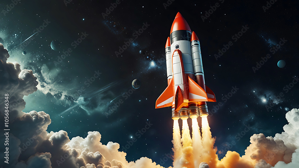 Naklejka premium 3D rocket in space, a rocket takes off into a sky leaving a fiery trail behind.