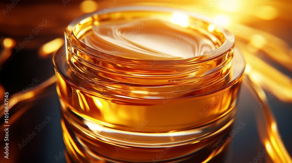 A close-up of a glass jar of golden cream with a soft focus background. A close-up of a glass jar of golden cream with a soft focus background.
