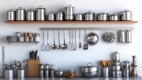 Contemporary Kitchen with Metallic Cookware and Modern Decor Elements : Generative AI