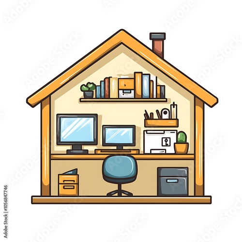 Cartoon home office icon representing remote work or productivity on a white background.