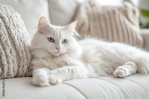 A beautiful fluffy white cat lies lazily on a white sofa. Life of pets in the apartment