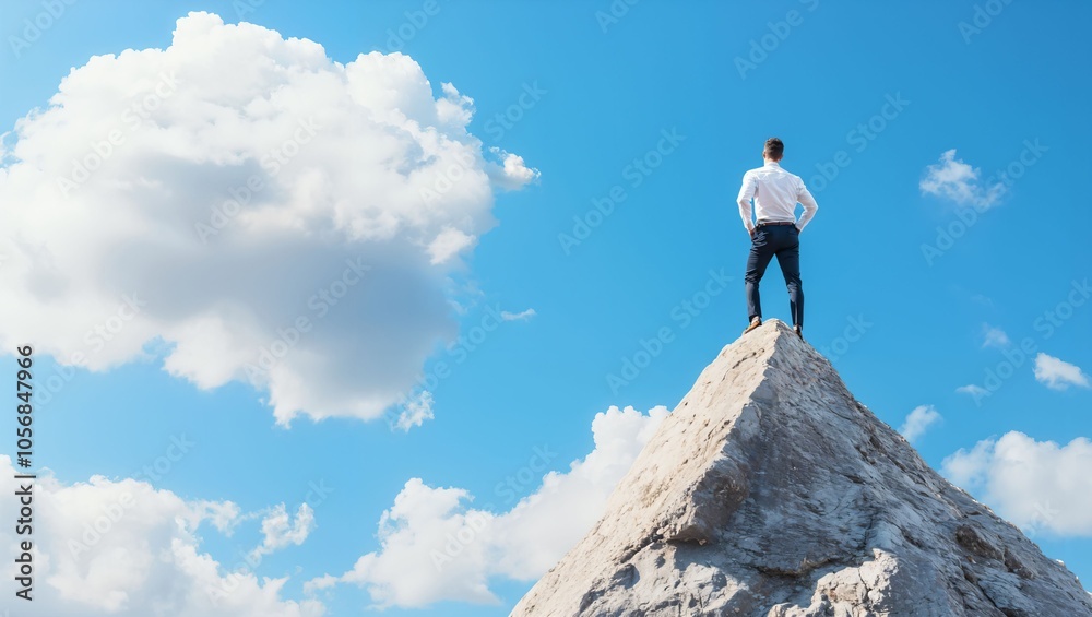 A Lone Figure Standing Victorious on a Mountain Peak, Gazing into the Infinite Blue Sky, Embodying Triumph, Determination, and the Unyielding Spirit of Adventure and Exploration. A Lone Figure Standing Victorious on a Mountain Peak, Gazing into the Infinite Blue Sky, Embodying Triumph, Determination, and the Unyielding Spirit of Adventure and Exploration.
