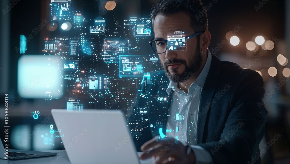 Engaging with the Future: A Man Analyzing Data through Advanced Technology at Night, Reflecting Determination in a Dynamic Digital Workspace Filled with Graphs and Icons Engaging with the Future: A Man Analyzing Data through Advanced Technology at Night, Reflecting Determination in a Dynamic Digital Workspace Filled with Graphs and Icons