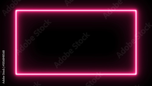 pink light for overlay elements. pink neon rectangle frame loop illustration. Abstract bright neon rectangle border frame on black background.