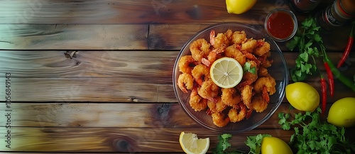 French fried shrimp with sauce and lemon on wooden background. Suitable for marketing or business purposes. Panoramic banner with place for text