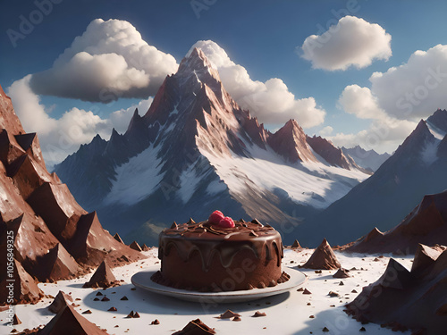 Delicious chocolate cake on a snowy mountain in winter photo