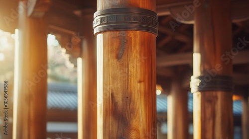 Sunlit Traditional Wooden Pillars Highlighting Craftsmanship and Architectural Heritage at Sunset : Generative AI photo