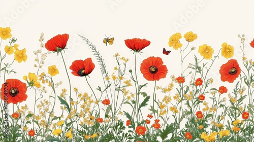 Vibrant field of red and yellow poppies in full bloom, a breathtaking display of nature's beauty