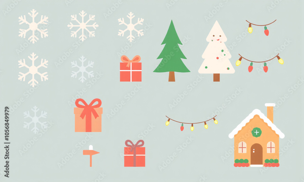 A set of cozy vibrant winter holiday icons including snowflakes pine trees gift boxes a gingerbread house A set of cozy vibrant winter holiday icons including snowflakes pine trees gift boxes a gingerbread house