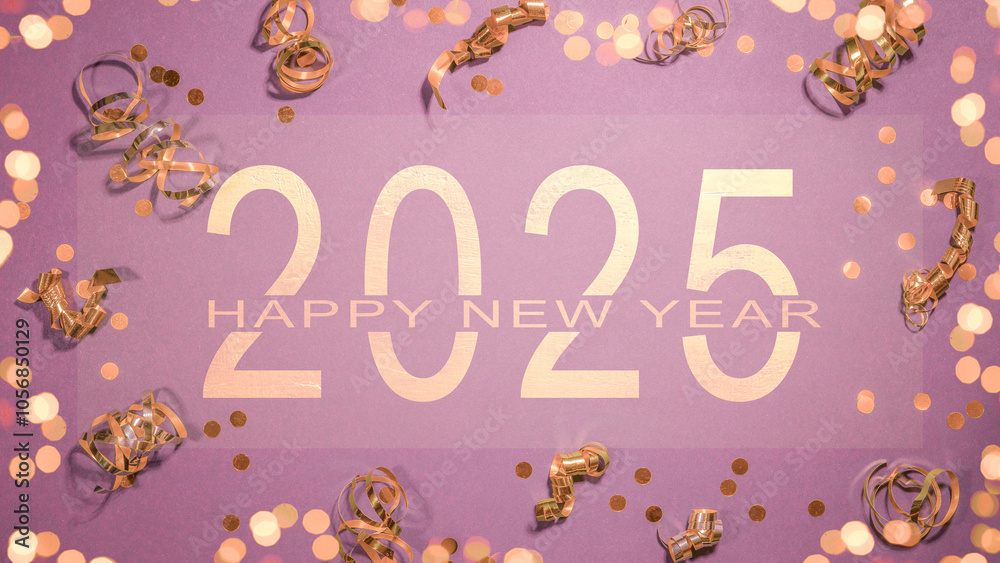 Naklejka premium Happy new year 2025, silvester, New Year's eve, celebration greeting card with text - Frame border made of golden confetti and gift ribbons ornaments , isolated on pink table background, flat lay