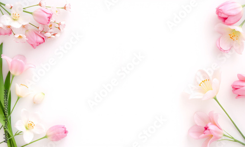 Delicate spring floral border with cherry blossoms tulips and lilies in soft pastel colors set against a white background
