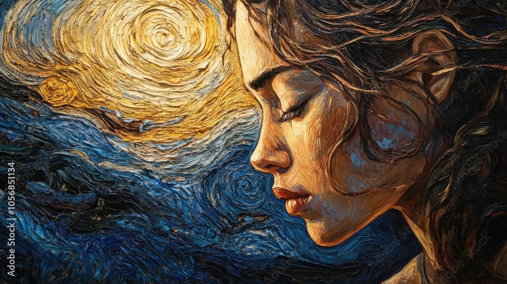 A close-up portrait of a girl, her face illuminated by golden light, painted in thick A close-up portrait of a girl, her face illuminated by golden light, painted in thick