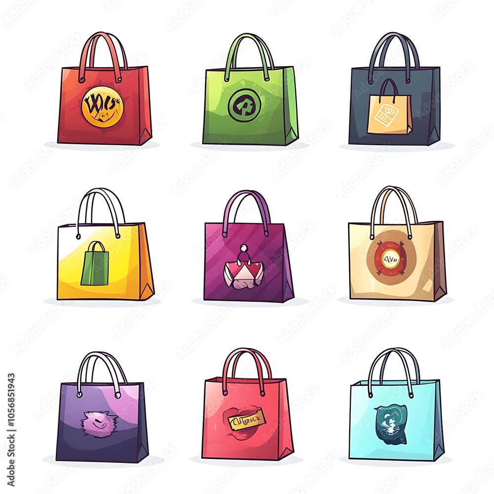 Cartoon branded shopping bags with logos on a white background.