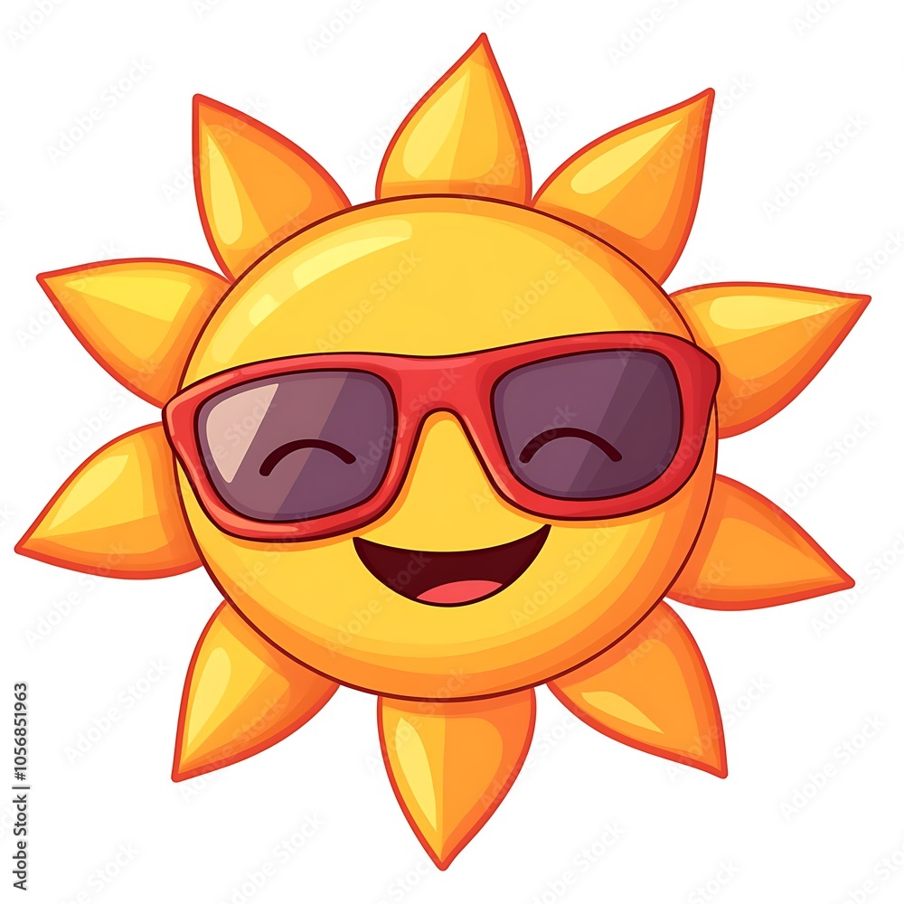 A friendly cartoon sun with sunglasses on a white background. A friendly cartoon sun with sunglasses on a white background.