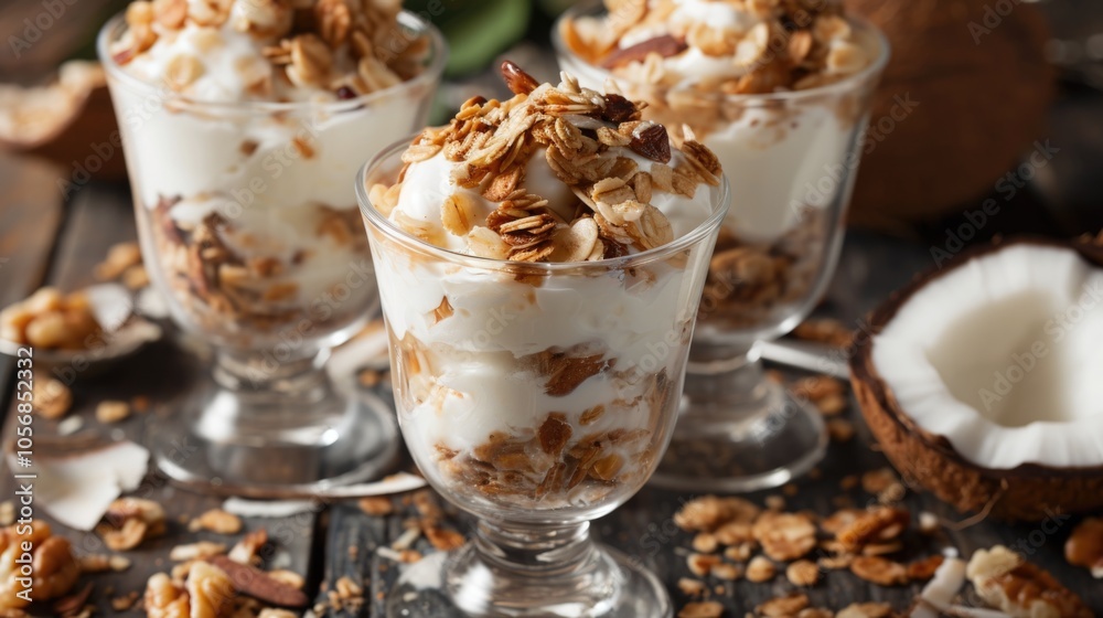 Nutritious Breakfast Bowl with Granola and Fresh Coconut Nutritious Breakfast Bowl with Granola and Fresh Coconut