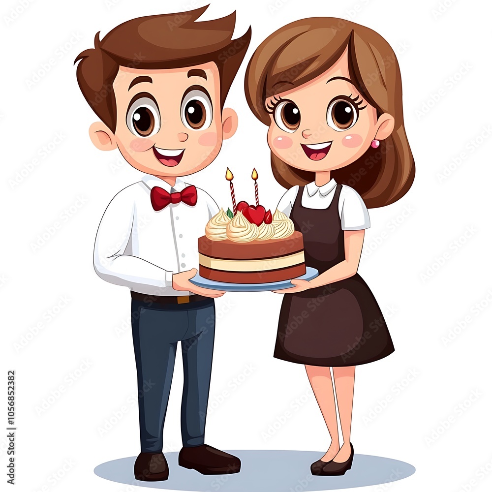 Cartoon couple celebrating an anniversary with a cake on a white background. Cartoon couple celebrating an anniversary with a cake on a white background.