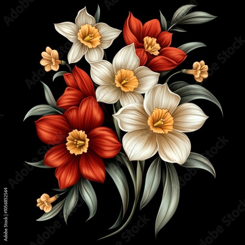 Tulips, daffodils: isolated, black background