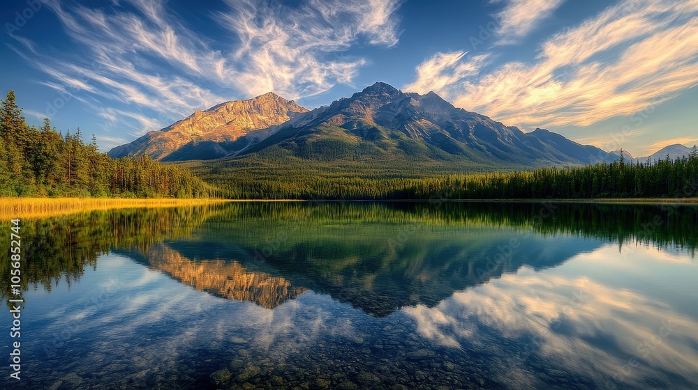 A majestic mountain range reflected perfectly in the crystal-clear lake in the foreground A majestic mountain range reflected perfectly in the crystal-clear lake in the foreground