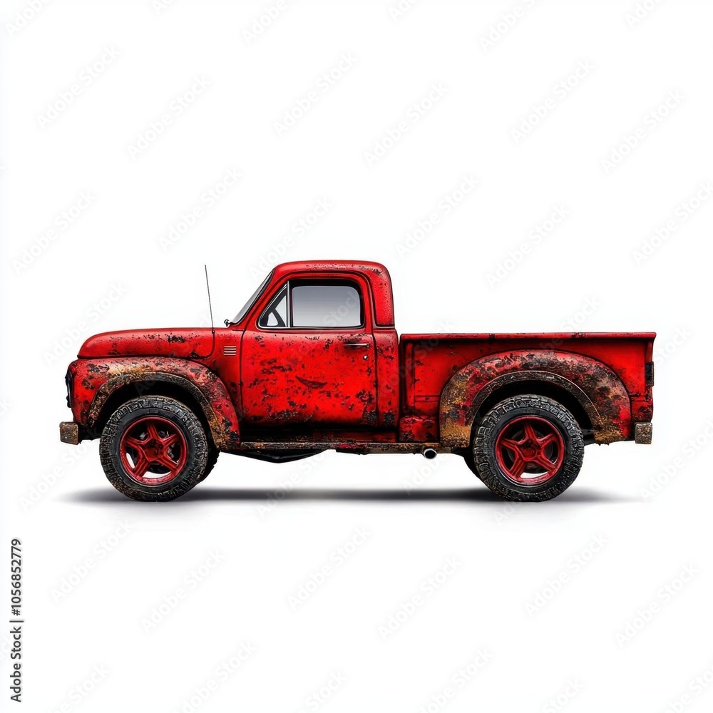 A photostock of a classic red pickup truck on a white background, vintage and rugged. A photostock of a classic red pickup truck on a white background, vintage and rugged.