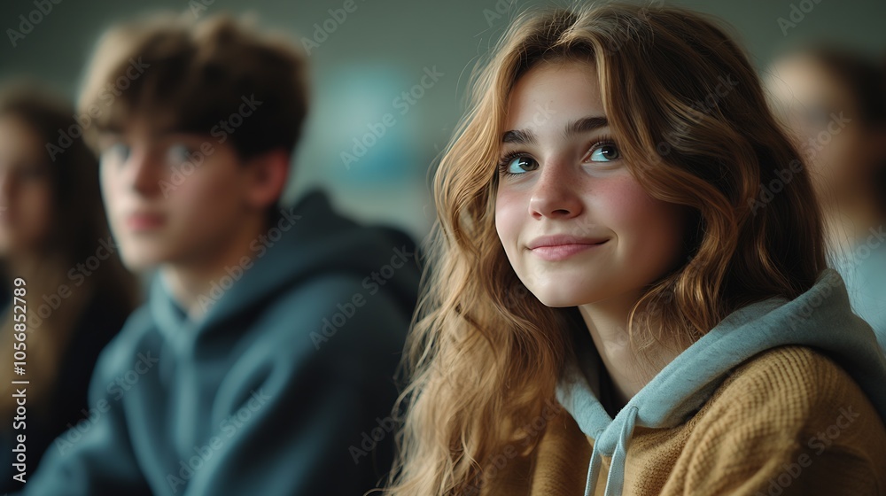 Young Female Student In Comfortable Hoodie Attending Lecture : Generative AI Young Female Student In Comfortable Hoodie Attending Lecture : Generative AI