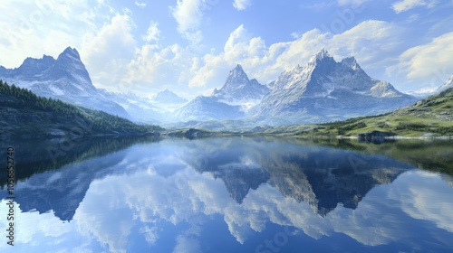 A majestic mountain range reflected perfectly in the crystal-clear lake in the foreground