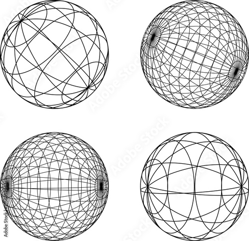 Wireframe shapes, lined sphere. Perspective mesh, 3d grid. Low poly geometric elements. Retro futuristic design elements, y2k, vaporwave and synthwave style. Vector illustration