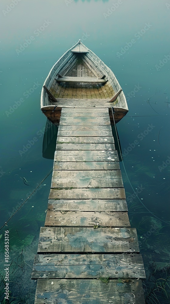 Fototapeta premium Tranquil Wooden Boat Docked on a Misty Lake