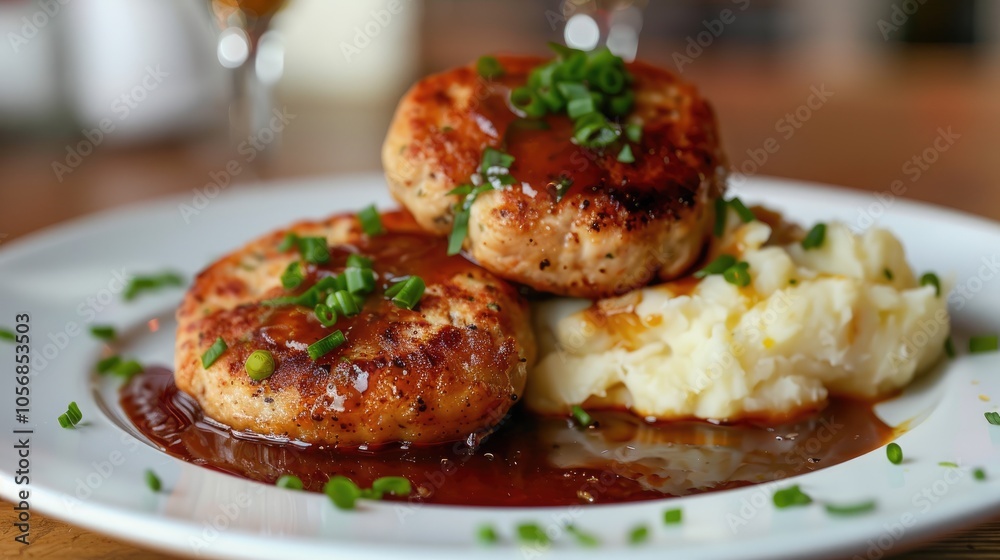 Chicken patties with homemade sauce, mashed potatoes Chicken patties with homemade sauce, mashed potatoes